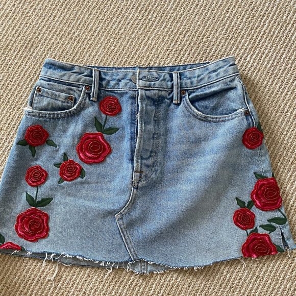 tall red denim skirt